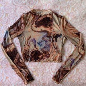 Sheer Mesh Long Sleeve Mock Neck Brown Top